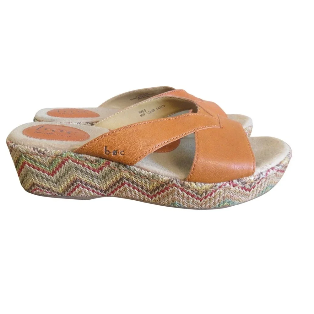 b.o.c. Born‎ Concept Orange Leather Chevron Woven Raffia Wedge Sandals 9 C24508
